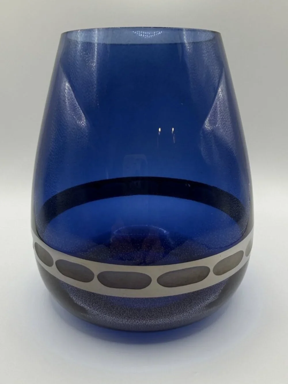 VTG Blue Teardrop FTD Silver Etched Band MCM Vase